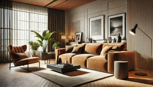 A big, cozy corduroy couch in the living room.