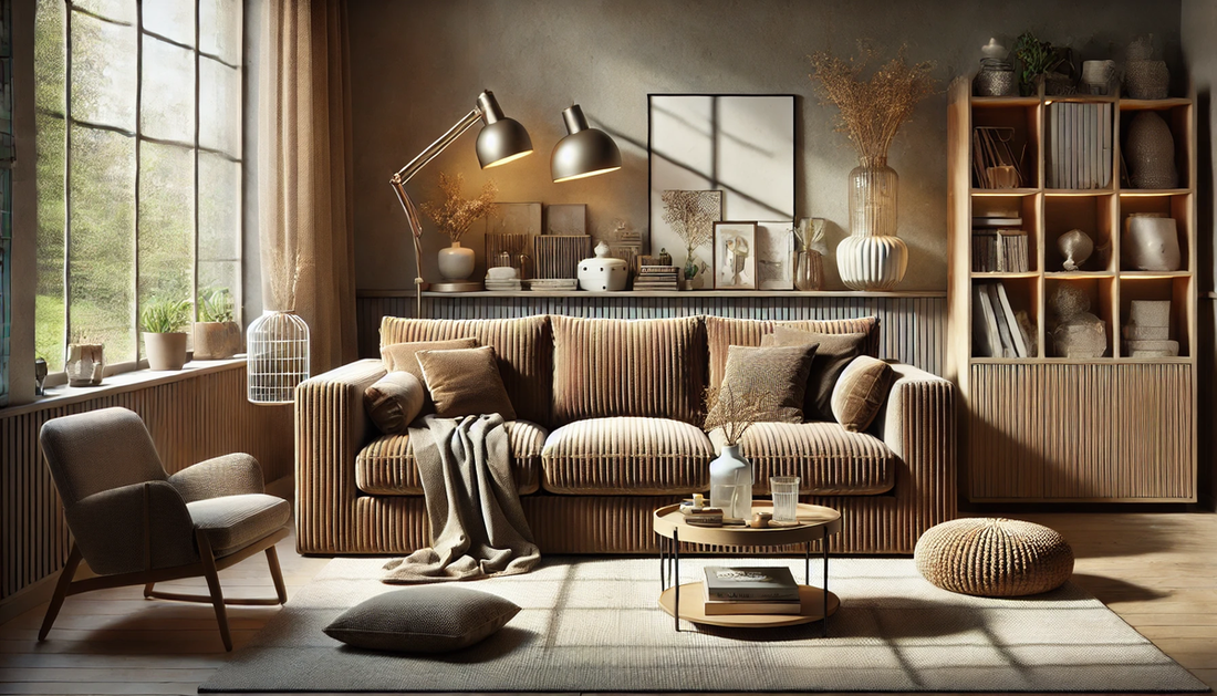 A corduroy couch in the living room.