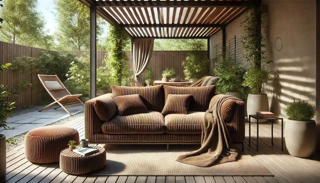 A corduroy sofa in a covered outdoor space
