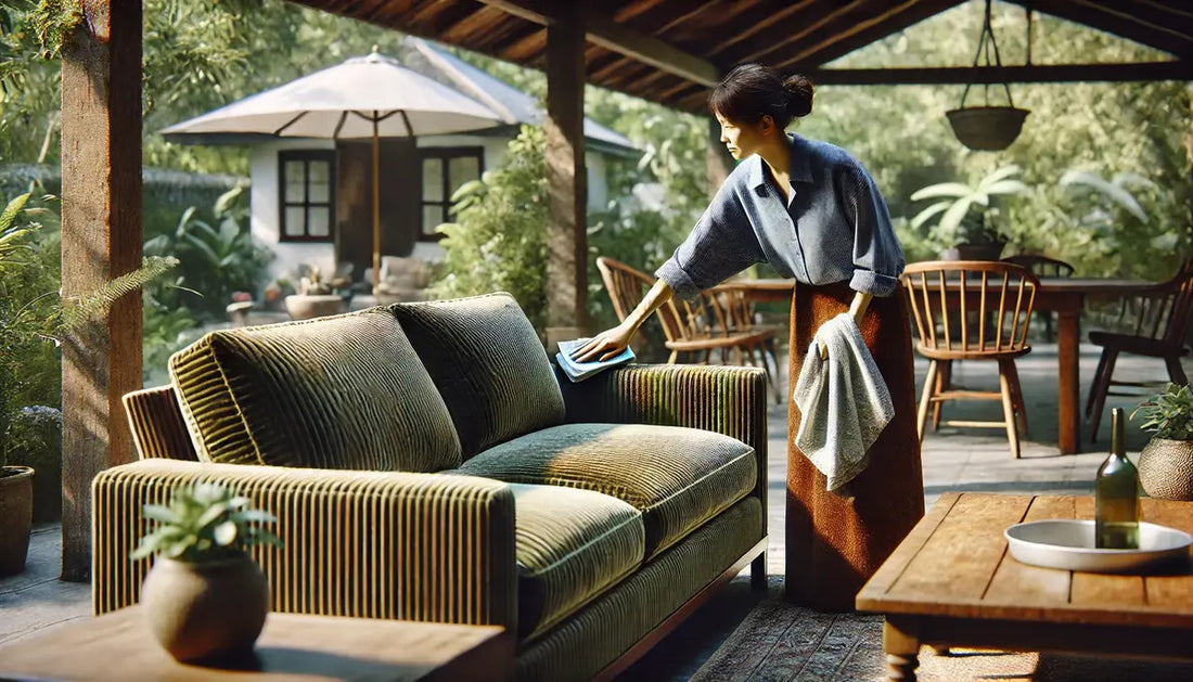 A woman cleaning the corduroy sofa