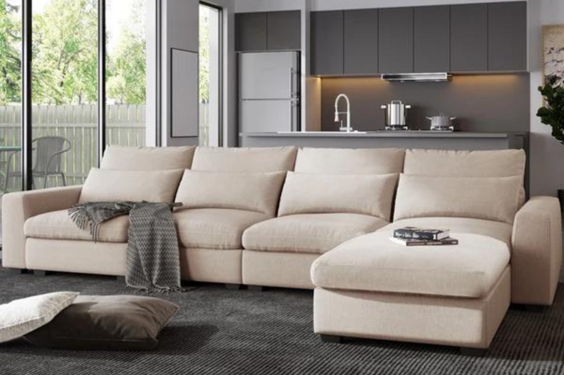 5 Seat Modern L-Shape Feather Filled Oversized Corduroy Couch