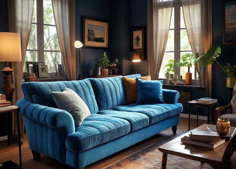 A beautiful blue corduroy couch