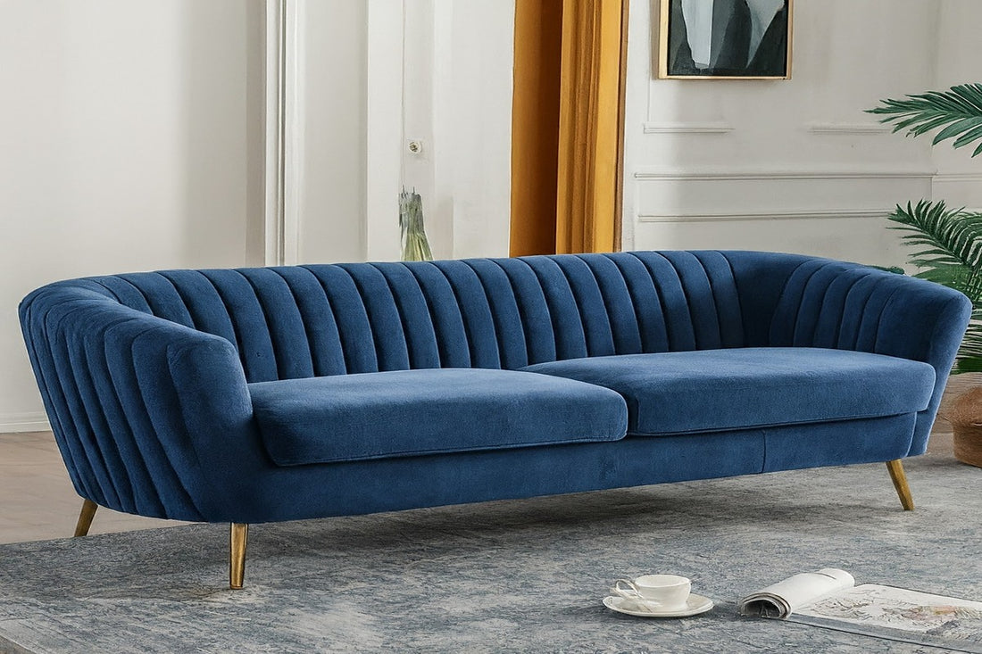 A beautiful blue corduroy sofa
