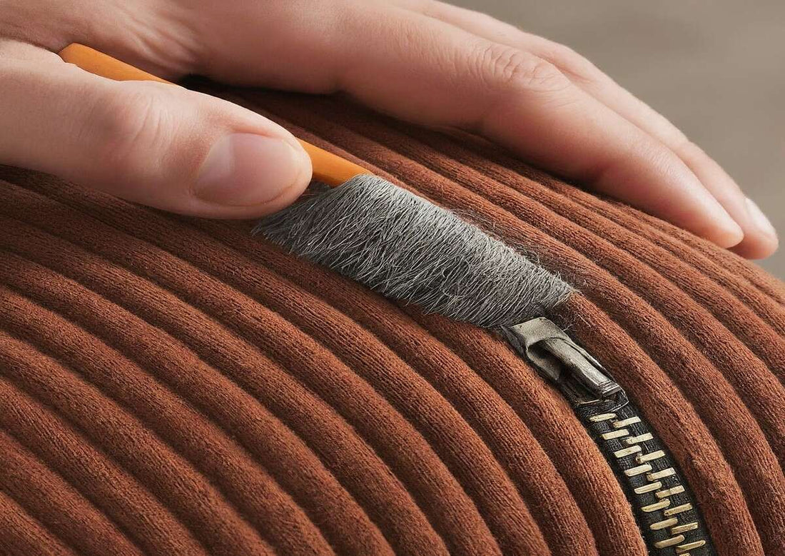 A man is inspecting the zipper on his sofa