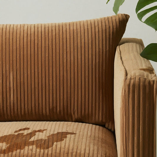 Brown corduroy couch with visible stain