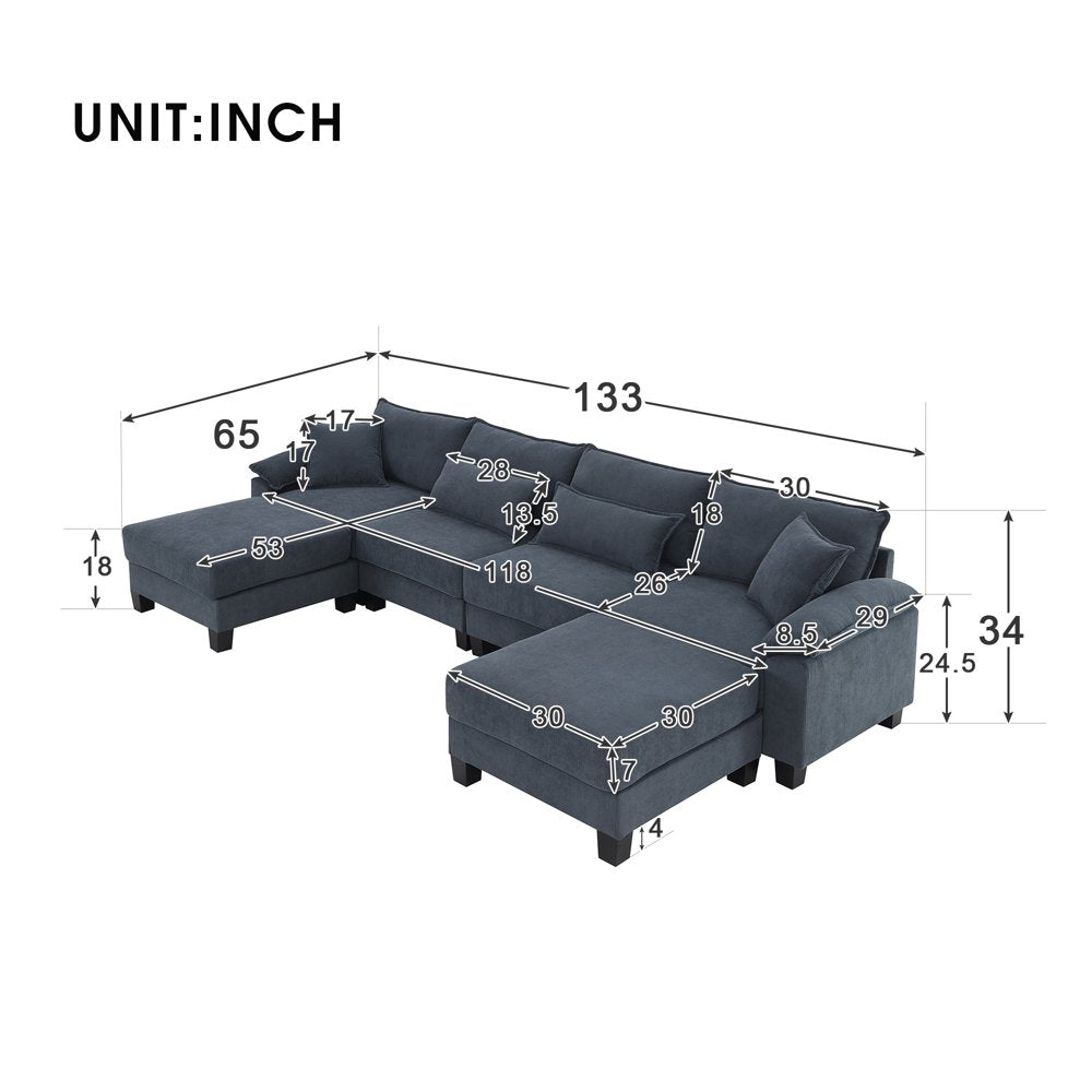 133" U Shaped 6-Seat Grey Corduroy Couch Set with Armrest Bags