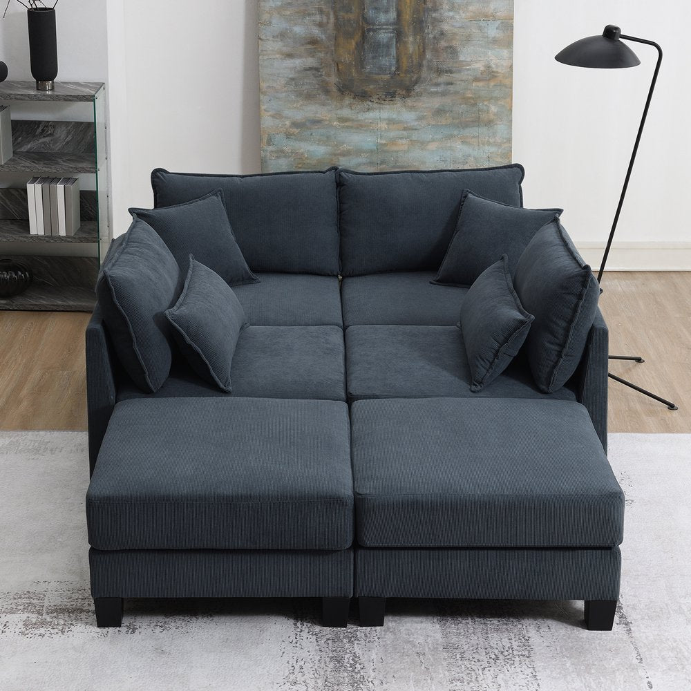 133" U Shaped 6-Seat Grey Corduroy Couch Set with Armrest Bags