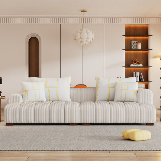 103.9" Modern Upholstered Beige Corduroy Couch Tufted with 4 Pillows