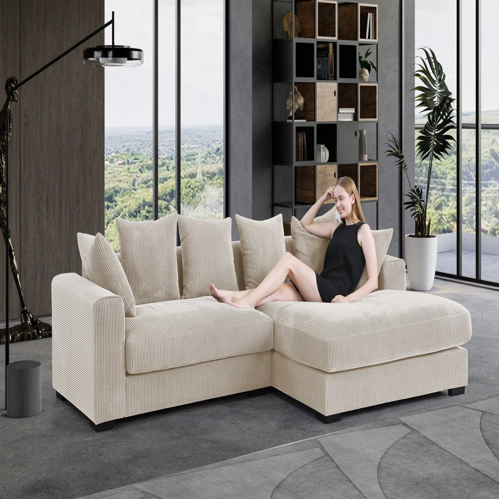3-Piece Modern  L-Shaped Beige Corduroy Sectional Couch with 6 Pillows & 2 Armrests