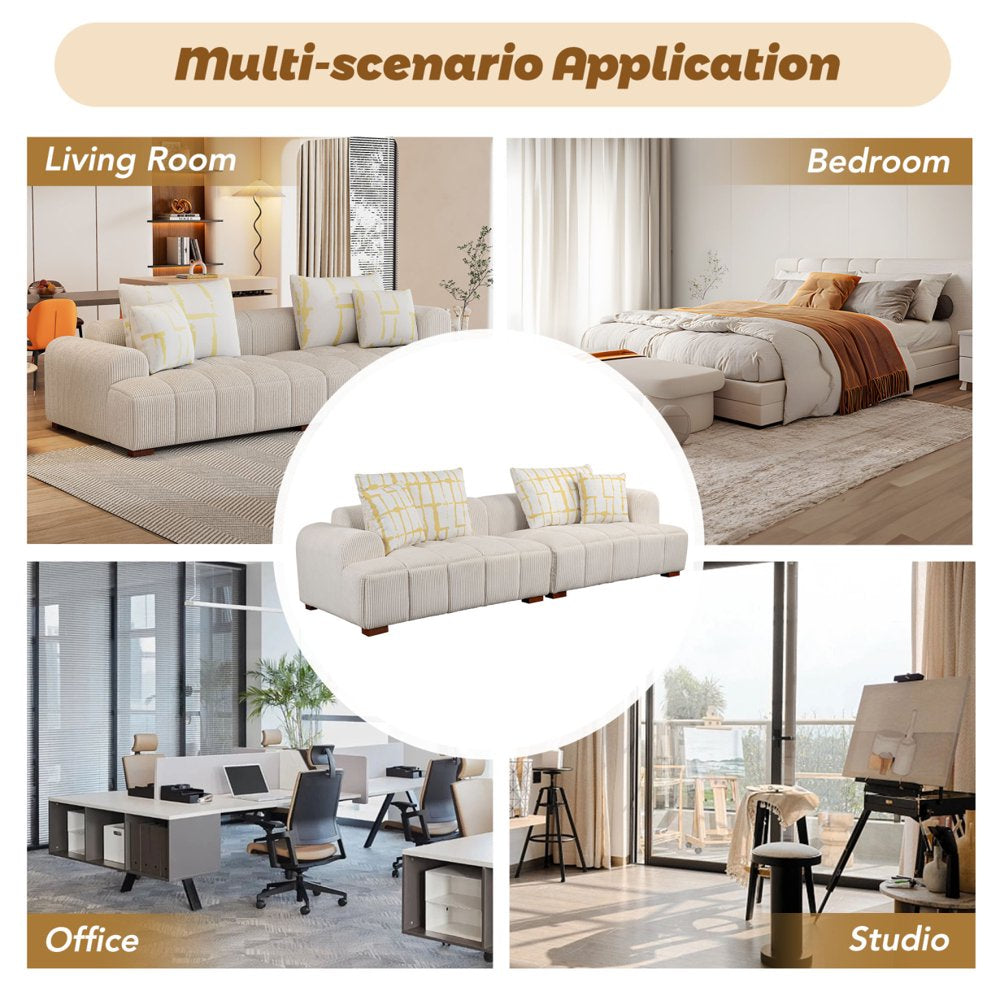103.9" Modern Upholstered Beige Corduroy Couch Tufted with 4 Pillows