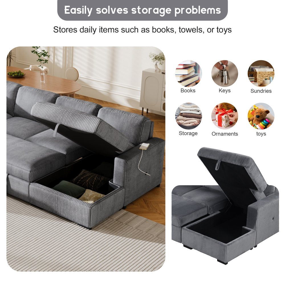 116.5"W U-Shaped Oversized Corduroy Couch with Storage Chaise Lounge
