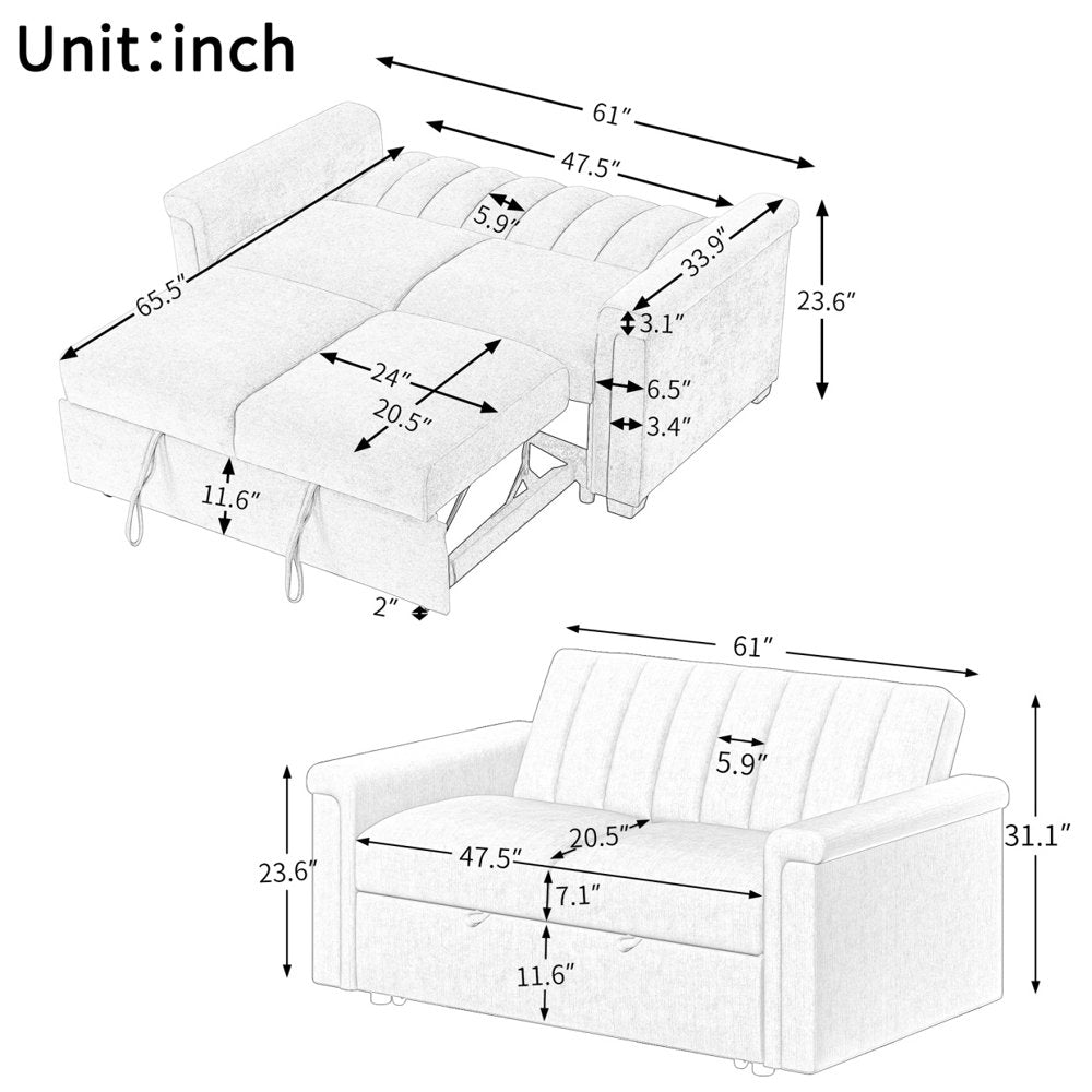 61.4'' Convertible Beige Corduroy Loveseats with Pull-Out Bed & Adjustable Backrest