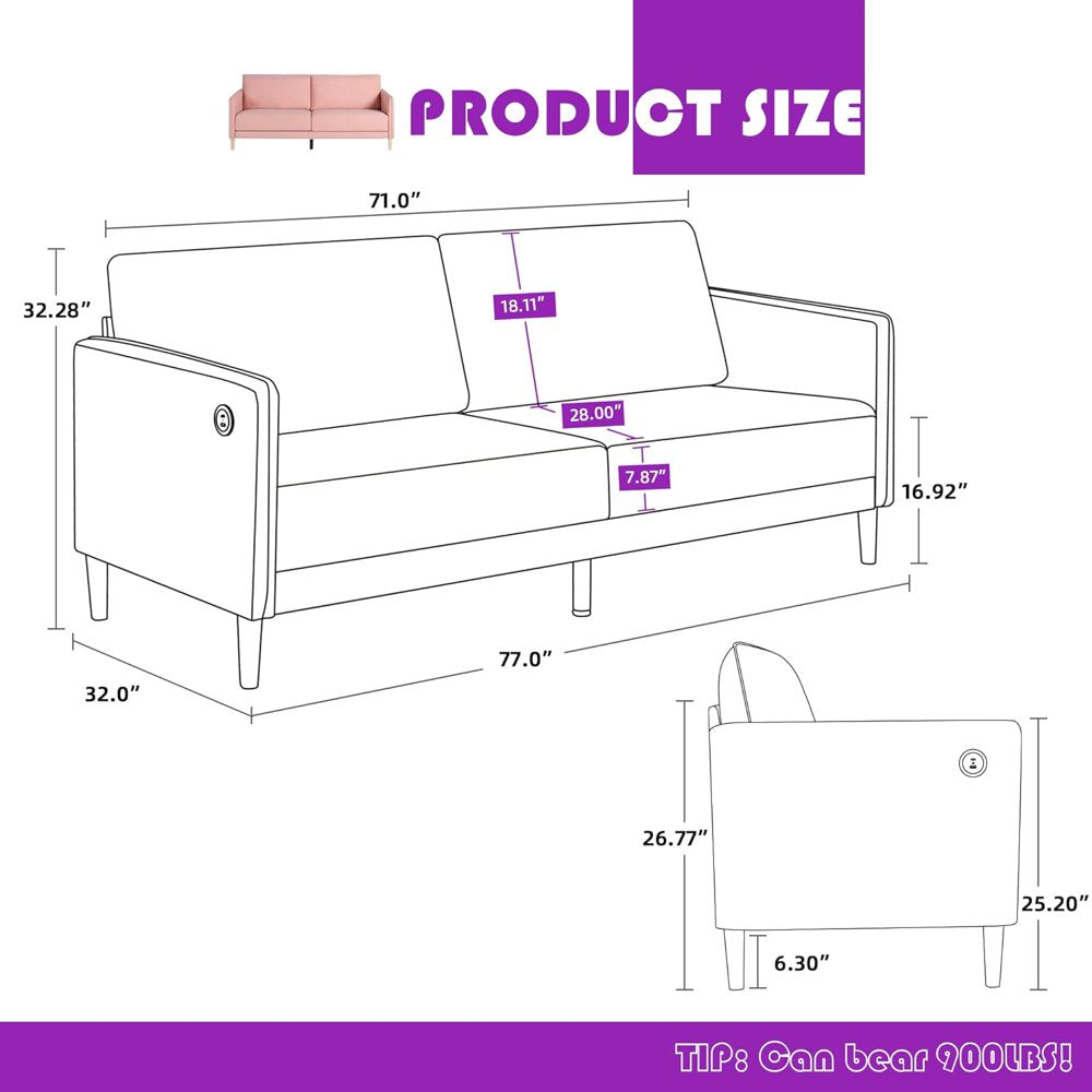 3 Seater Sofa 80\U201D Corduroy Loveseats Extra Deep Seats with USB Charger Ports