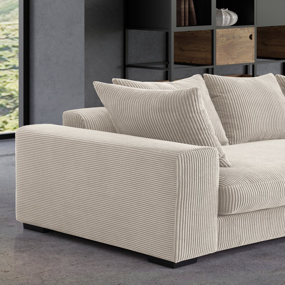 3-Piece Modern  L-Shaped Beige Corduroy Sectional Couch with 6 Pillows & 2 Armrests