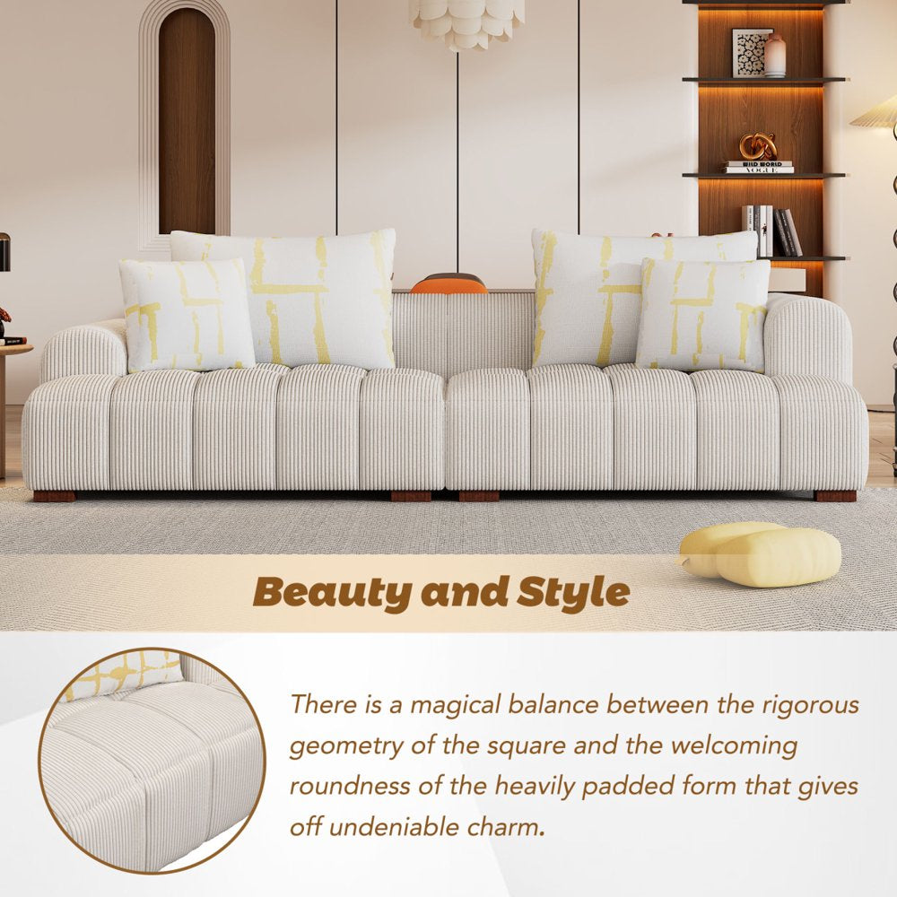 103.9" Modern Upholstered Beige Corduroy Couch Tufted with 4 Pillows