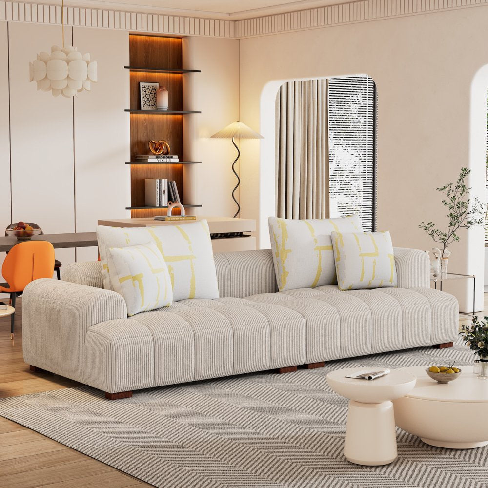 103.9" Modern Upholstered Beige Corduroy Couch Tufted with 4 Pillows