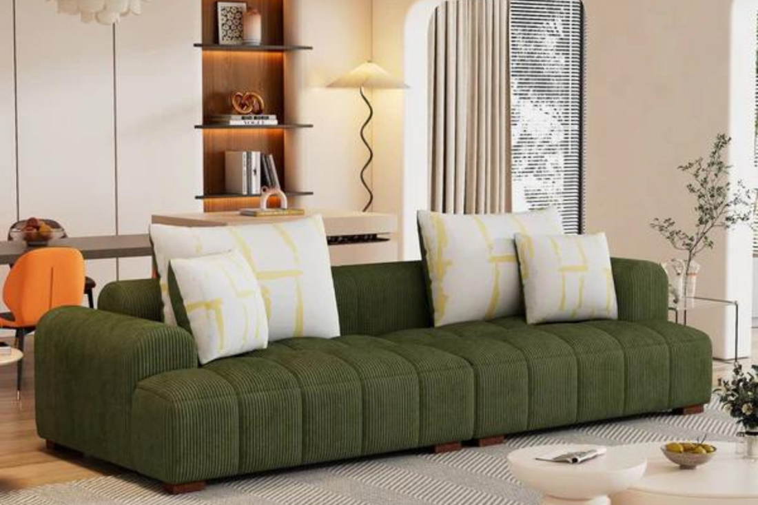 Oversized Green Corduroy Couch with 4 Pillows & Rubber Wood Legs