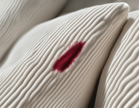 A lipstick stain on the corduroy sofa