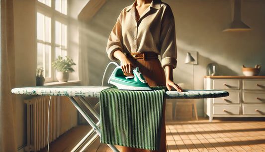 A woman ironing a green corduroy garment