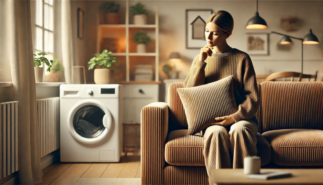 A woman thinking of washing a corduroy sofa cover