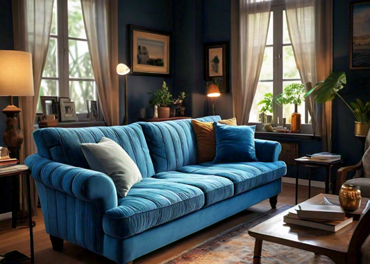 A beautiful blue corduroy couch