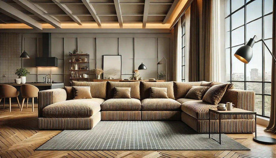 A brown sectional corduroy couch