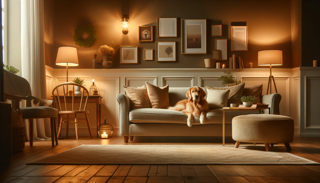 A dog in the living room sitting on the sofa