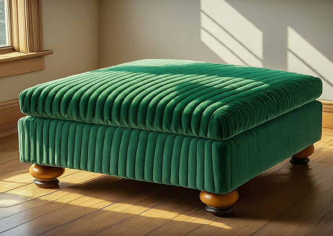 A stunning corduroy ottoman sits at the edge of the room 