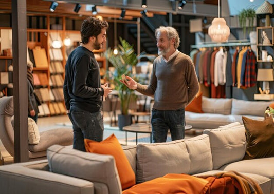 Young man searching for a corduroy couch for elderly parents